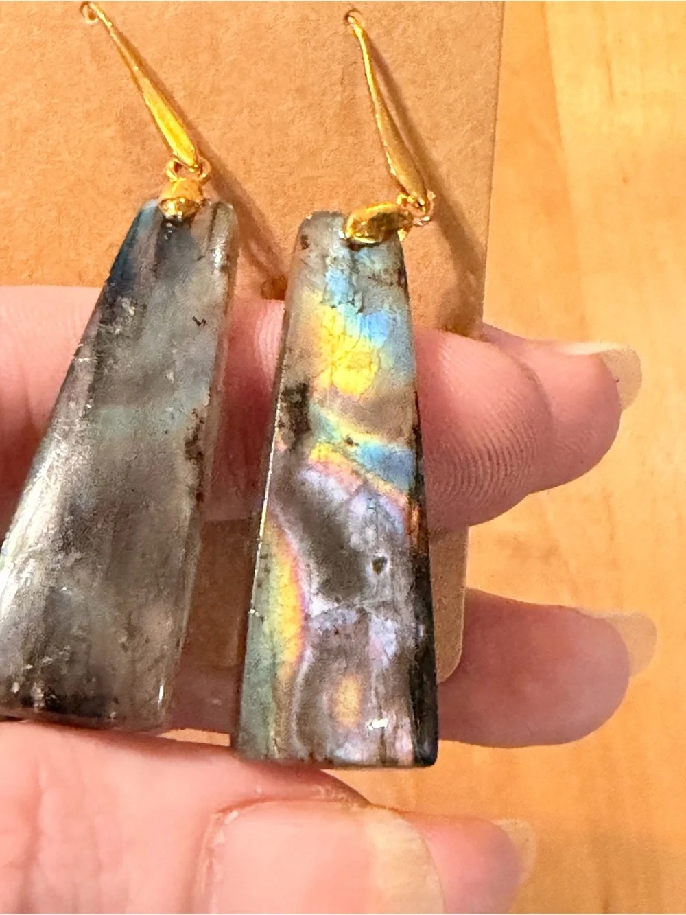 Beautiful Blue/Green/Yellow Labradorite Earrings w/14K Gold Plated Hooks
